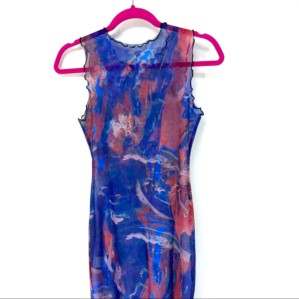 Small Blue Marble Print Lettuce Trim Mesh Dress - Picture 5 of 7